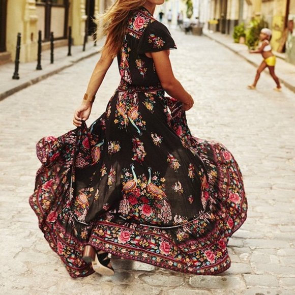 RANI Black Bohemian Peacock Maxi Dress - Picture 4 of 5